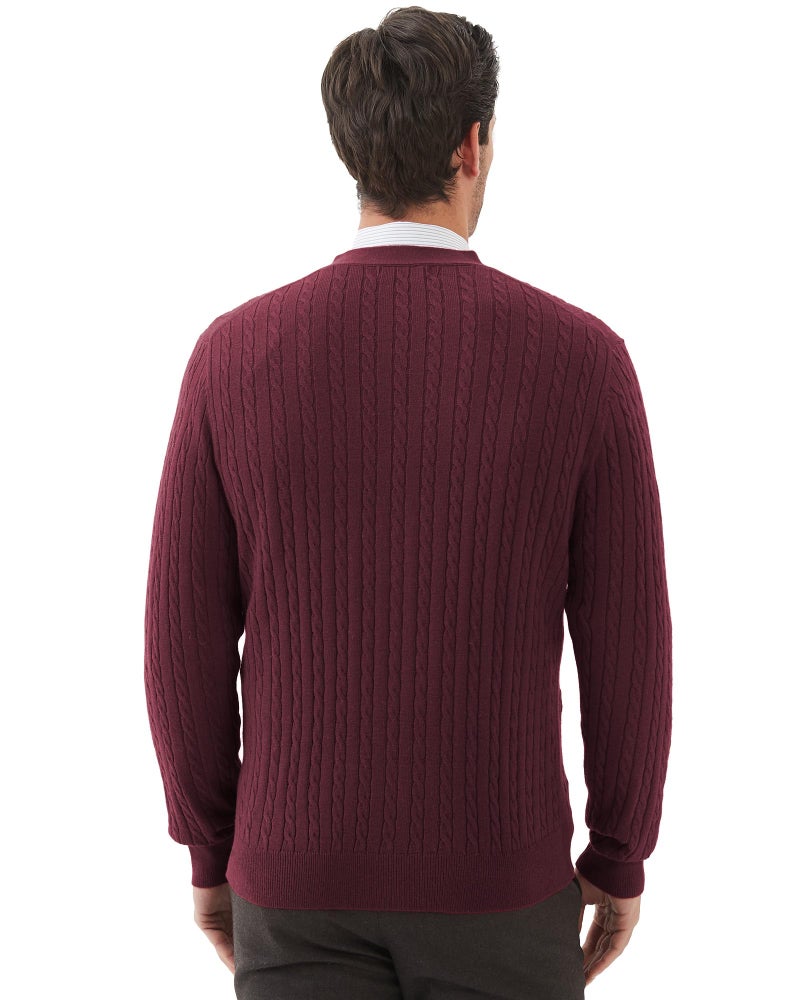 Kallspin Men's Cardigan Sweater Wool Blend Cable Knit V Neck Buttons Cardigan with Pockets(Burgundy Red, Medium) - Image 4